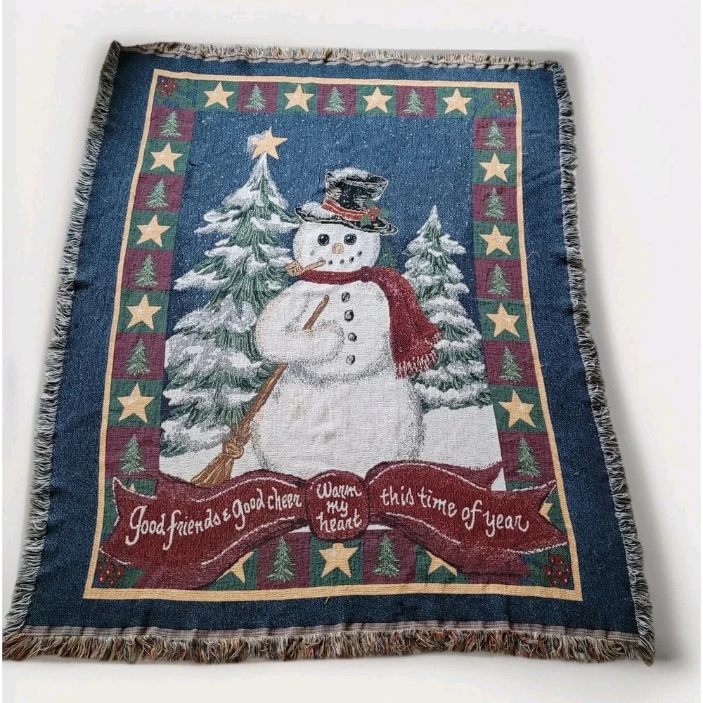 Vintage Home Interiors Throw Blanket Holiday Snowman Tapestry 50x60 Made‎ In USA